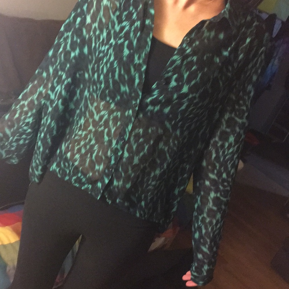 Sheer button up high low long sleeve blouse